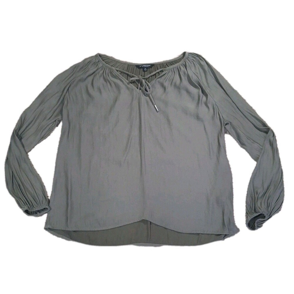 ​LIVERPOOL LOS ANGELES OLIVE GREEN LACE UP PEASANT BLOUSE TOP BOHO BUBBLE SLEEV